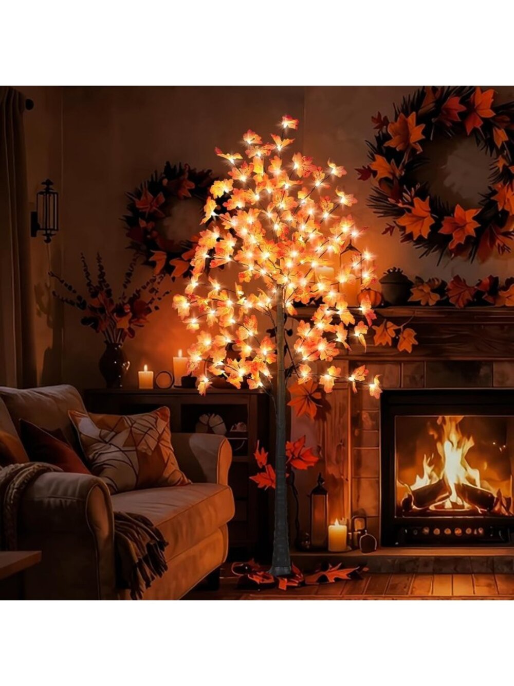 6FT Prelit Artificial Maple Tree with 120 LED Lights - Fall Home Decor